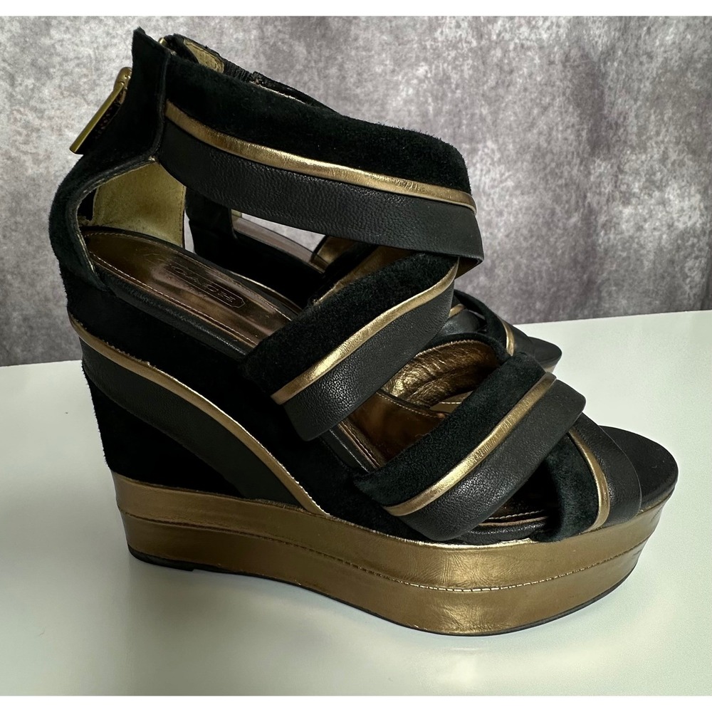 Coach Black Suede Gold Metallic Leather Wedge Platform Sandals Size 7.5 B Heels